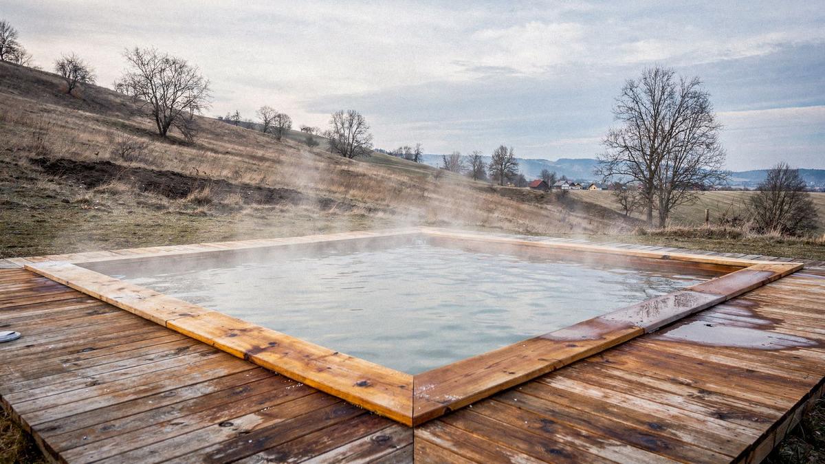 Steaming open-air thermal pool on the Berehove plain in the Carpathians, Ukraine