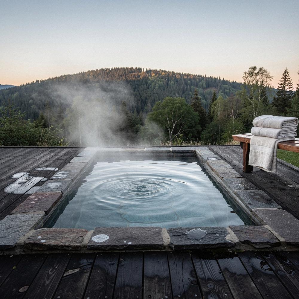 Steam rising from a stone thermal pool on a wooden deck in the Carpathian foothills at first light